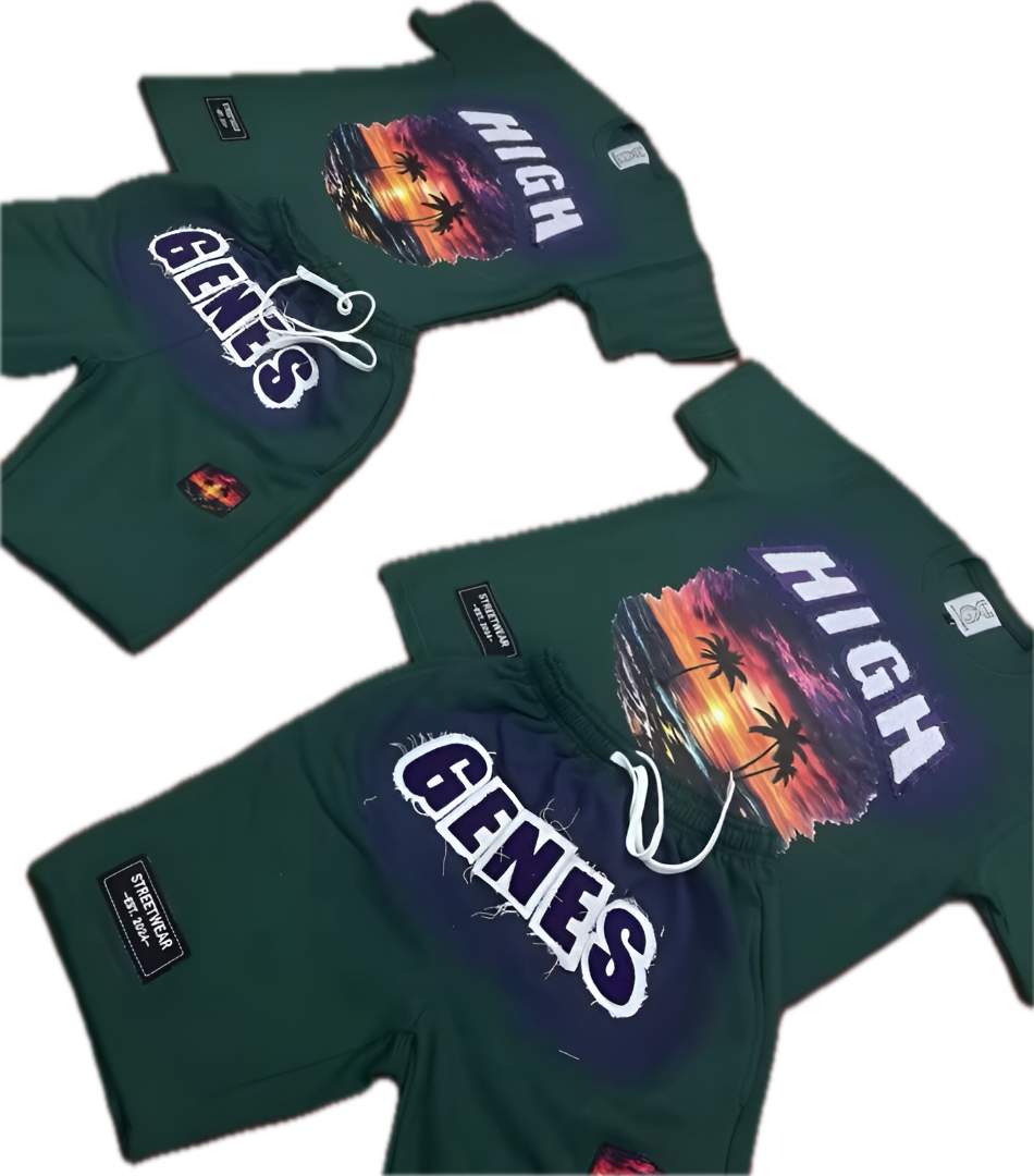 HIGHGENES Distressed (Green) Sunset Short Sleeve Set
