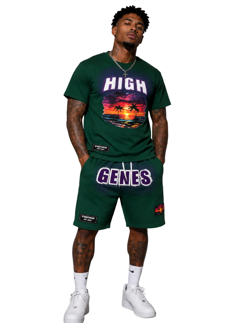 HIGHGENES Distressed (Green) Sunset Short Sleeve Set
