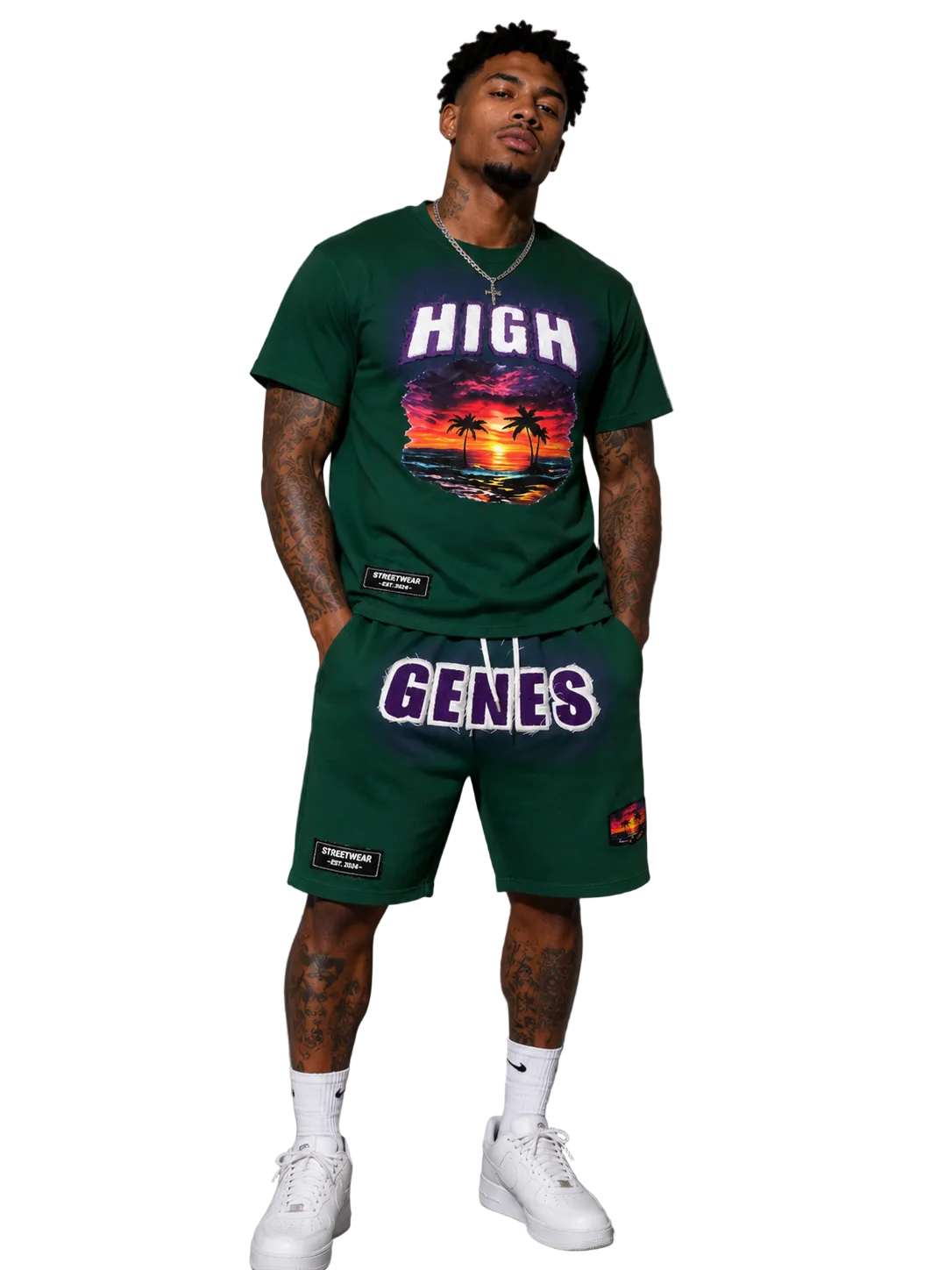 HIGHGENES Distressed (Green) Sunset Short Sleeve Set